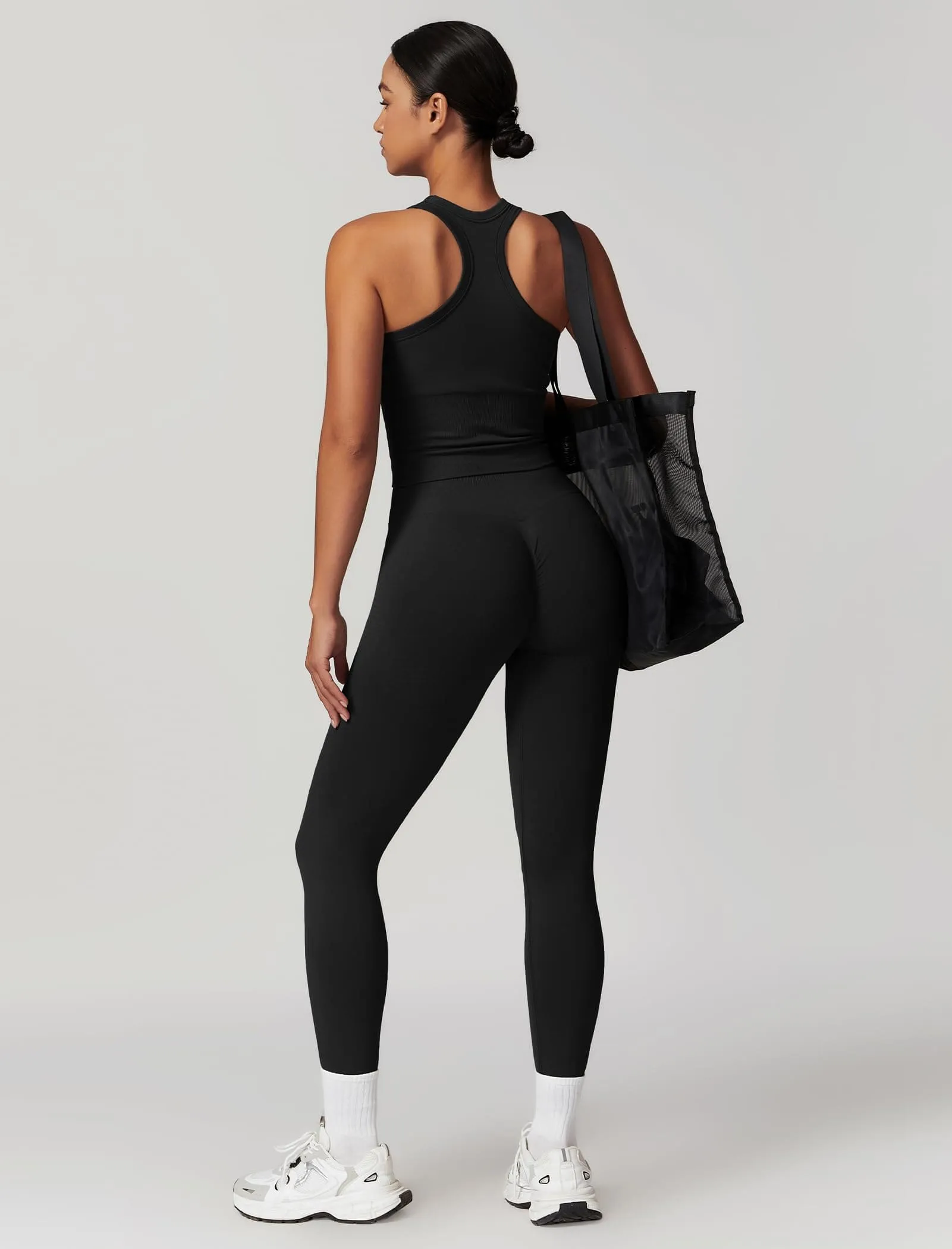 OMEWEE Gym clothes for woman set Racer-back Tank Top and Tummy Control Leggings Yoga sets for women 2 piece Black