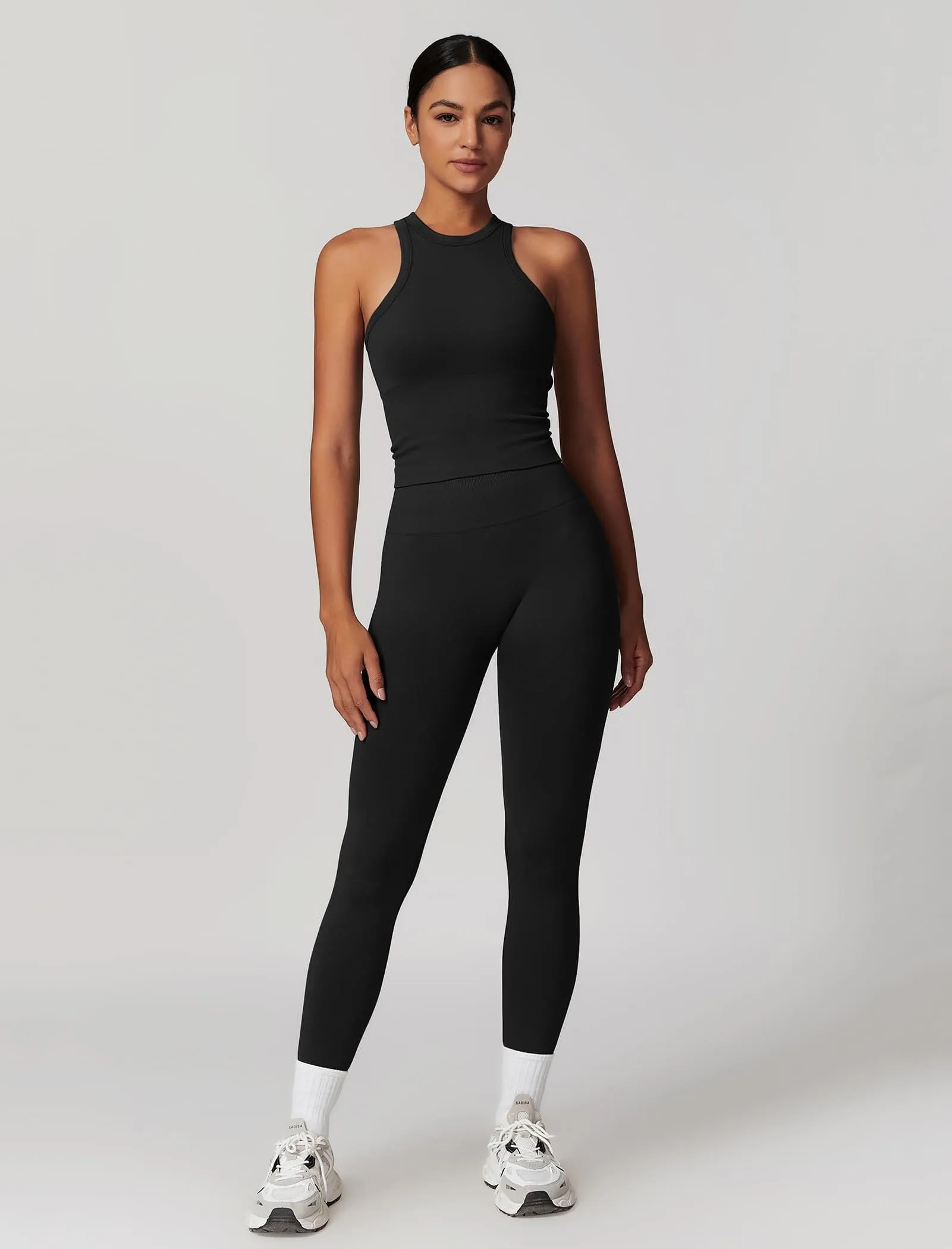 OMEWEE Gym clothes for woman set Racer-back Tank Top and Tummy Control Leggings Yoga sets for women 2 piece Black