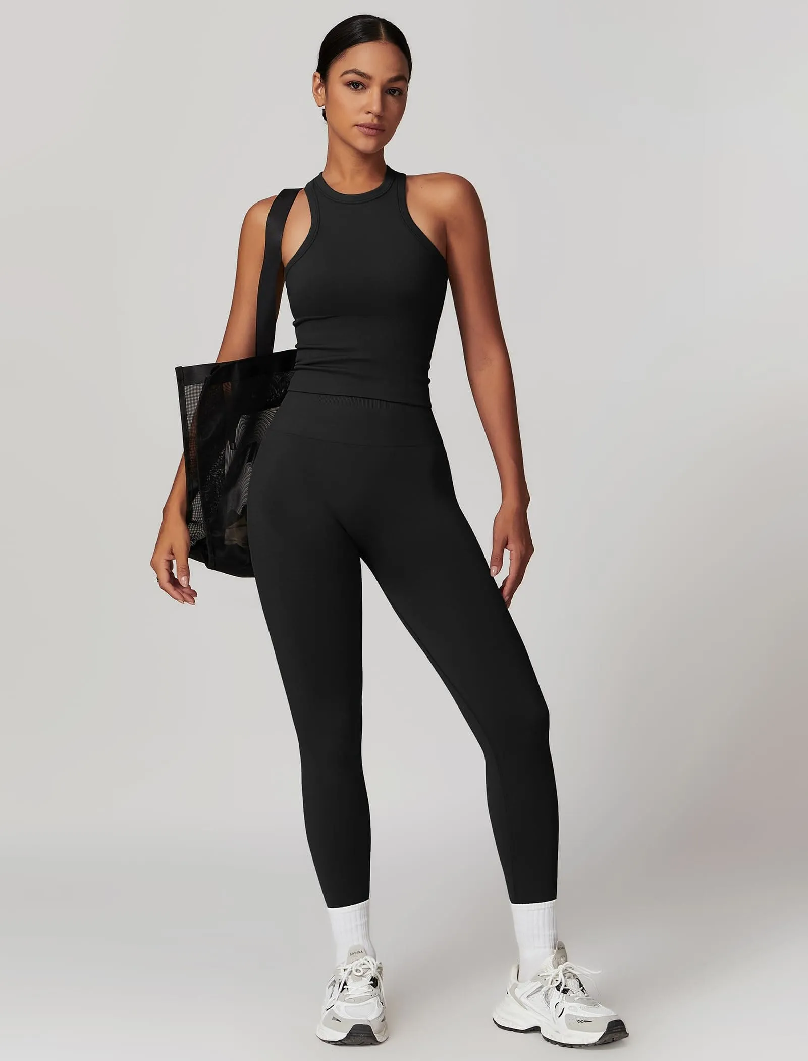 OMEWEE Gym clothes for woman set Racer-back Tank Top and Tummy Control Leggings Yoga sets for women 2 piece Black