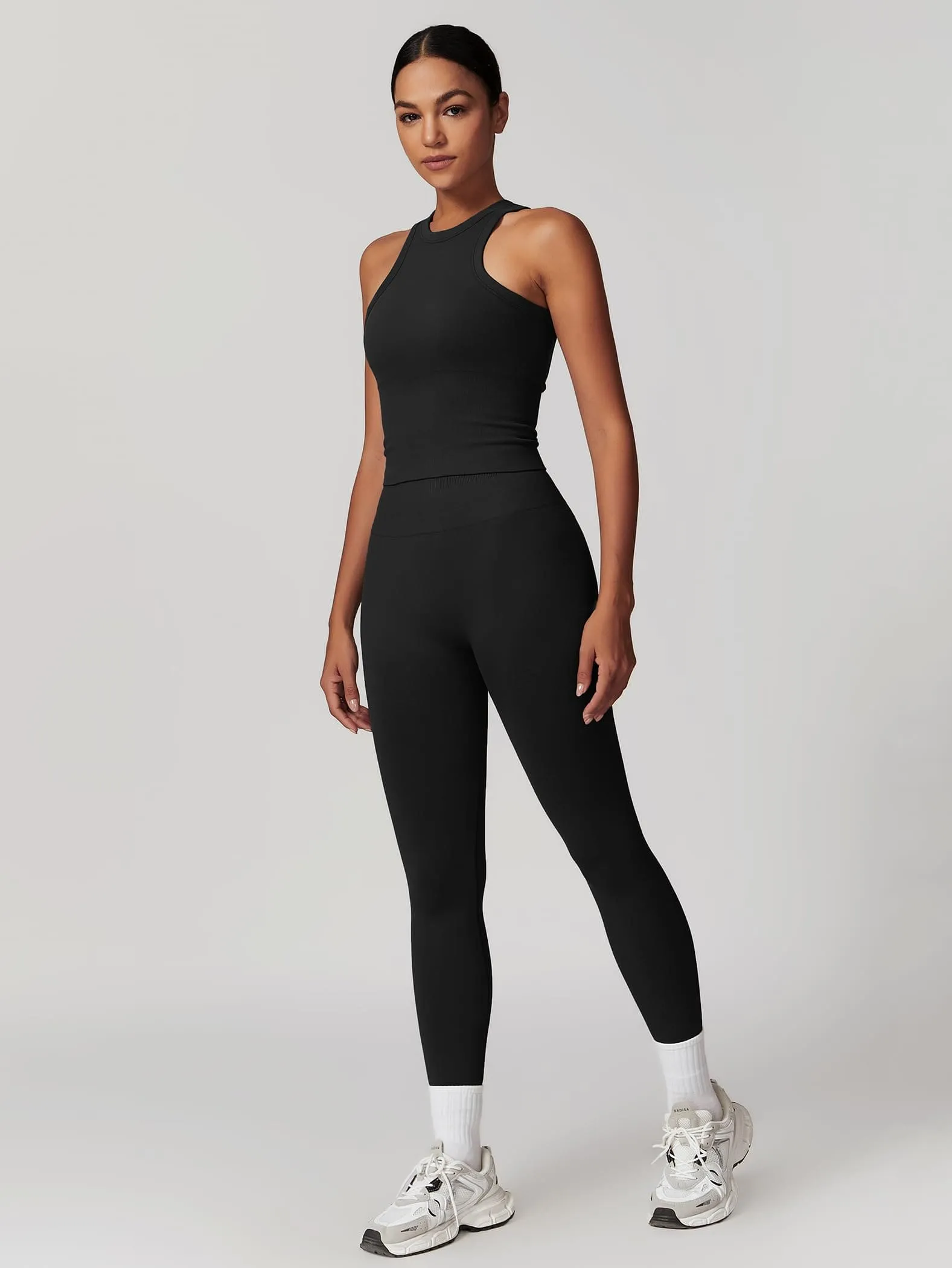OMEWEE Gym clothes for woman set Racer-back Tank Top and Tummy Control Leggings Yoga sets for women 2 piece Black