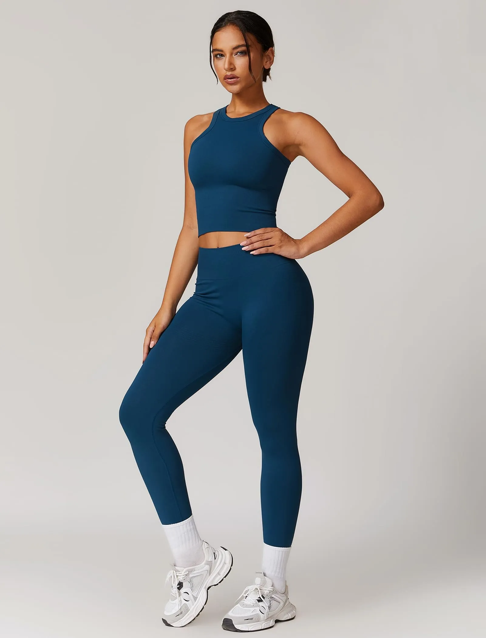 OMEWEE Gym clothes for woman set Racer-back Tank Top and Tummy Control Leggings Yoga sets for women 2 piece Blue