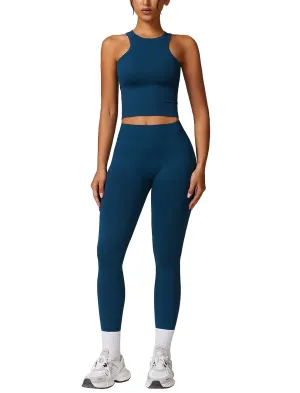 OMEWEE Gym clothes for woman set Racer-back Tank Top and Tummy Control Leggings Yoga sets for women 2 piece Blue