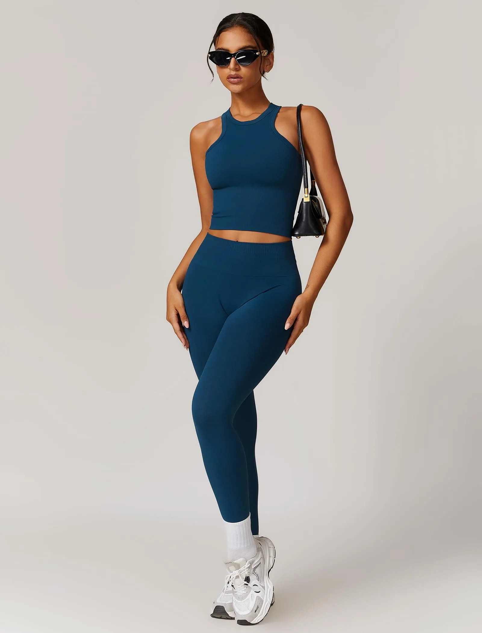 OMEWEE Gym clothes for woman set Racer-back Tank Top and Tummy Control Leggings Yoga sets for women 2 piece Blue