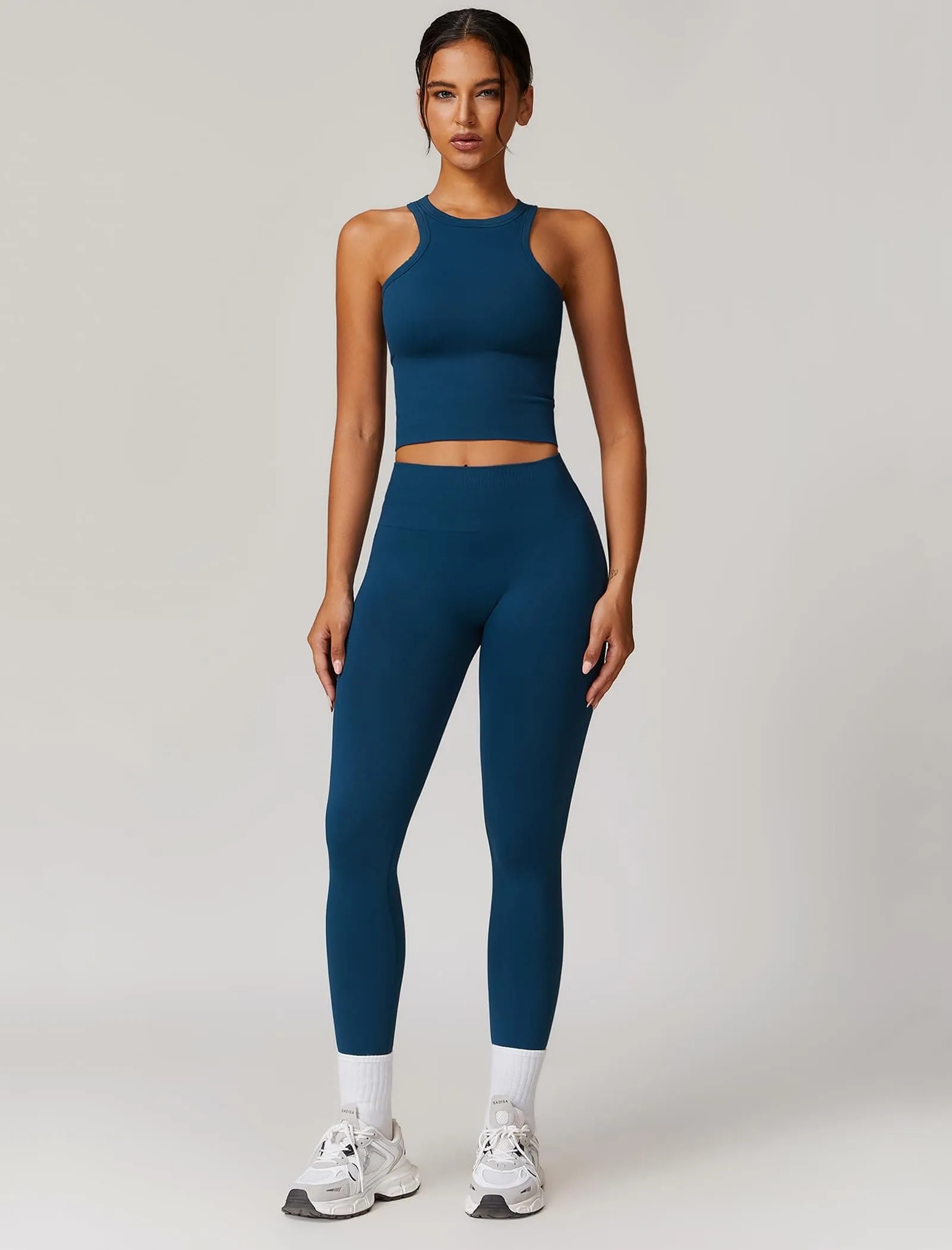OMEWEE Gym clothes for woman set Racer-back Tank Top and Tummy Control Leggings Yoga sets for women 2 piece Blue