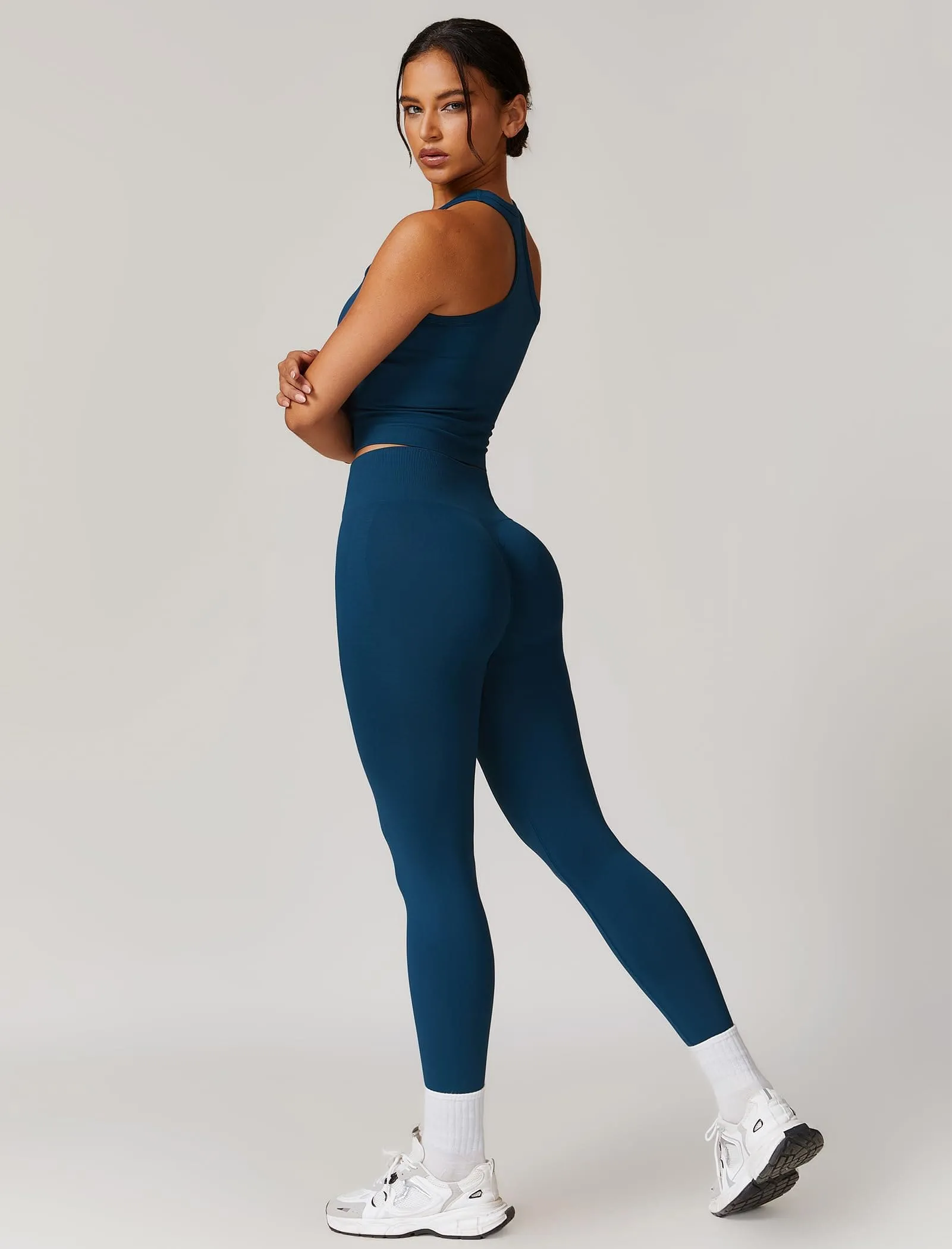 OMEWEE Gym clothes for woman set Racer-back Tank Top and Tummy Control Leggings Yoga sets for women 2 piece Blue