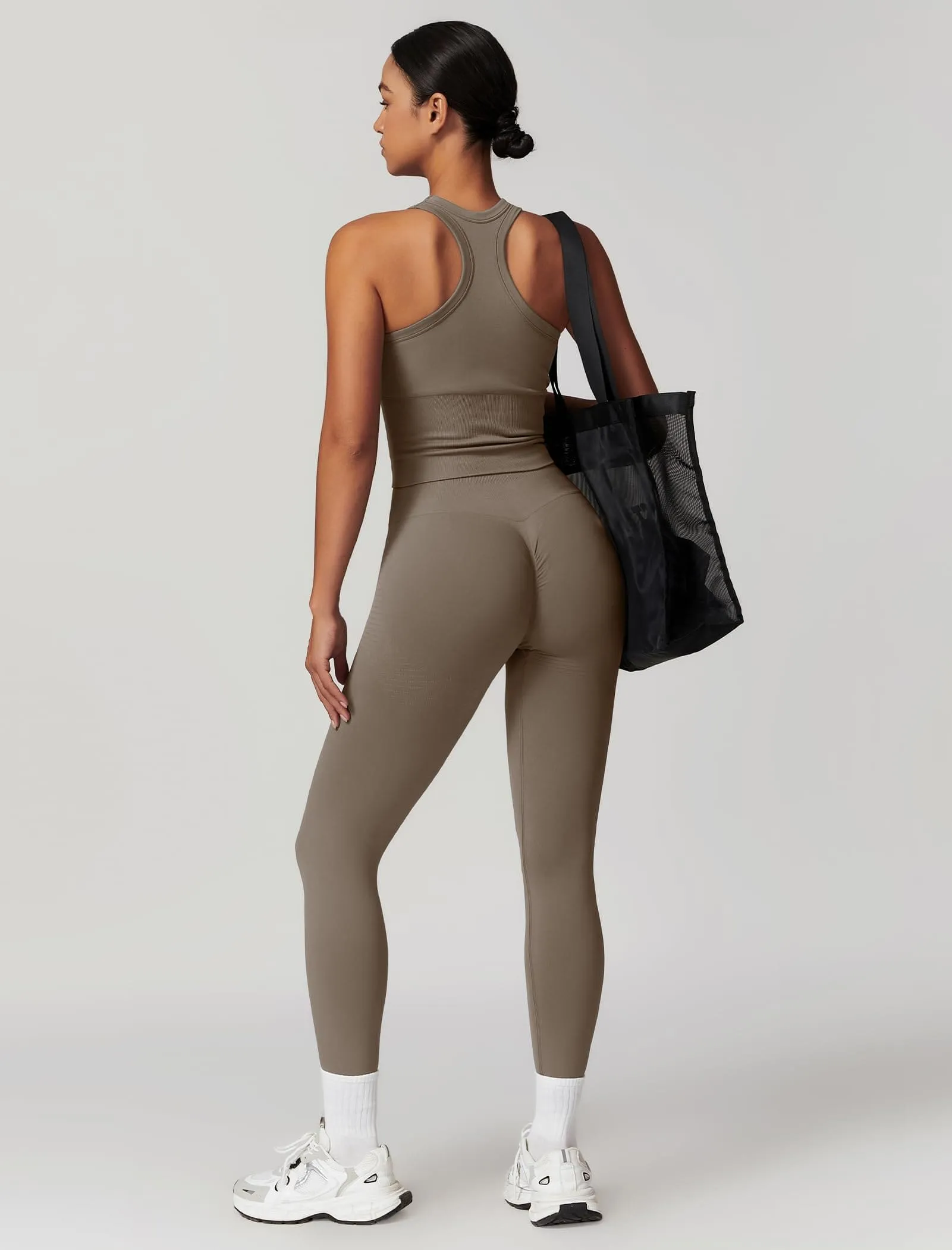 OMEWEE Gym clothes for woman set Racer-back Tank Top and Tummy Control Leggings Yoga sets for women 2 piece Coffee