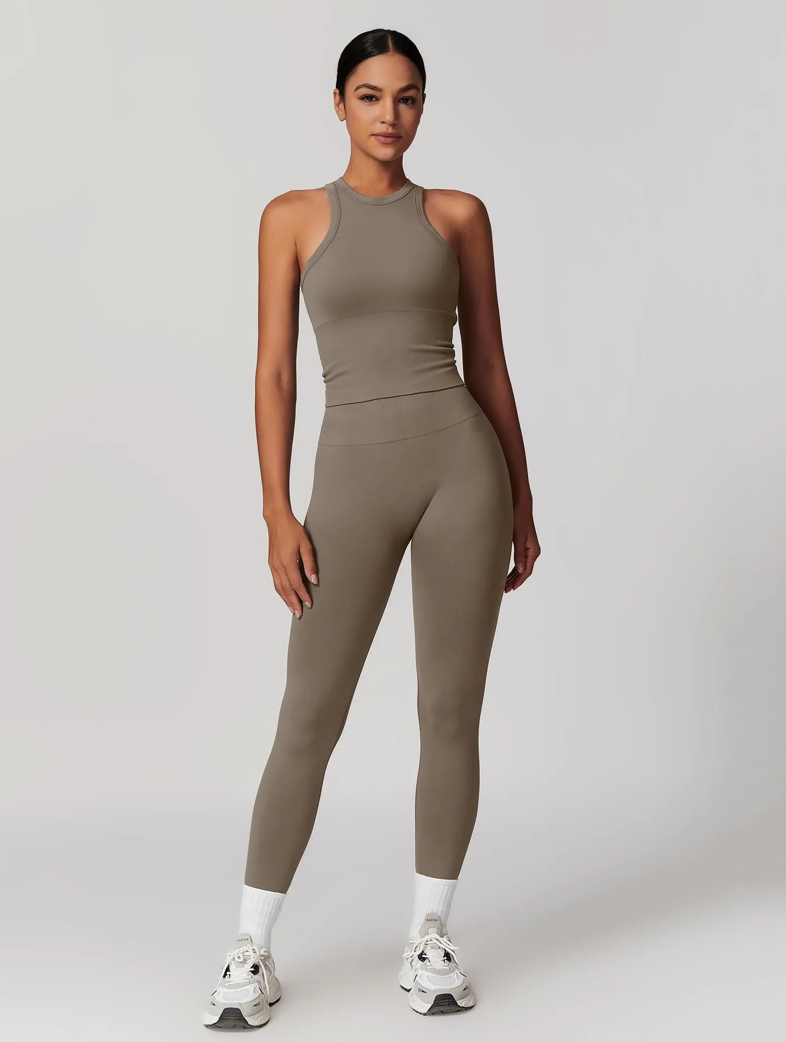 OMEWEE Gym clothes for woman set Racer-back Tank Top and Tummy Control Leggings Yoga sets for women 2 piece Coffee