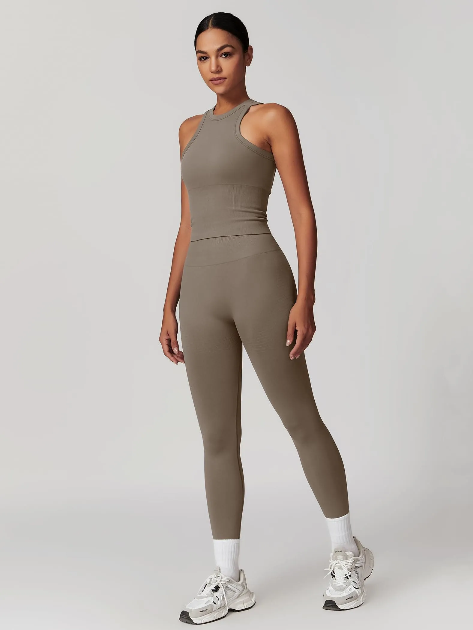 OMEWEE Gym clothes for woman set Racer-back Tank Top and Tummy Control Leggings Yoga sets for women 2 piece Coffee
