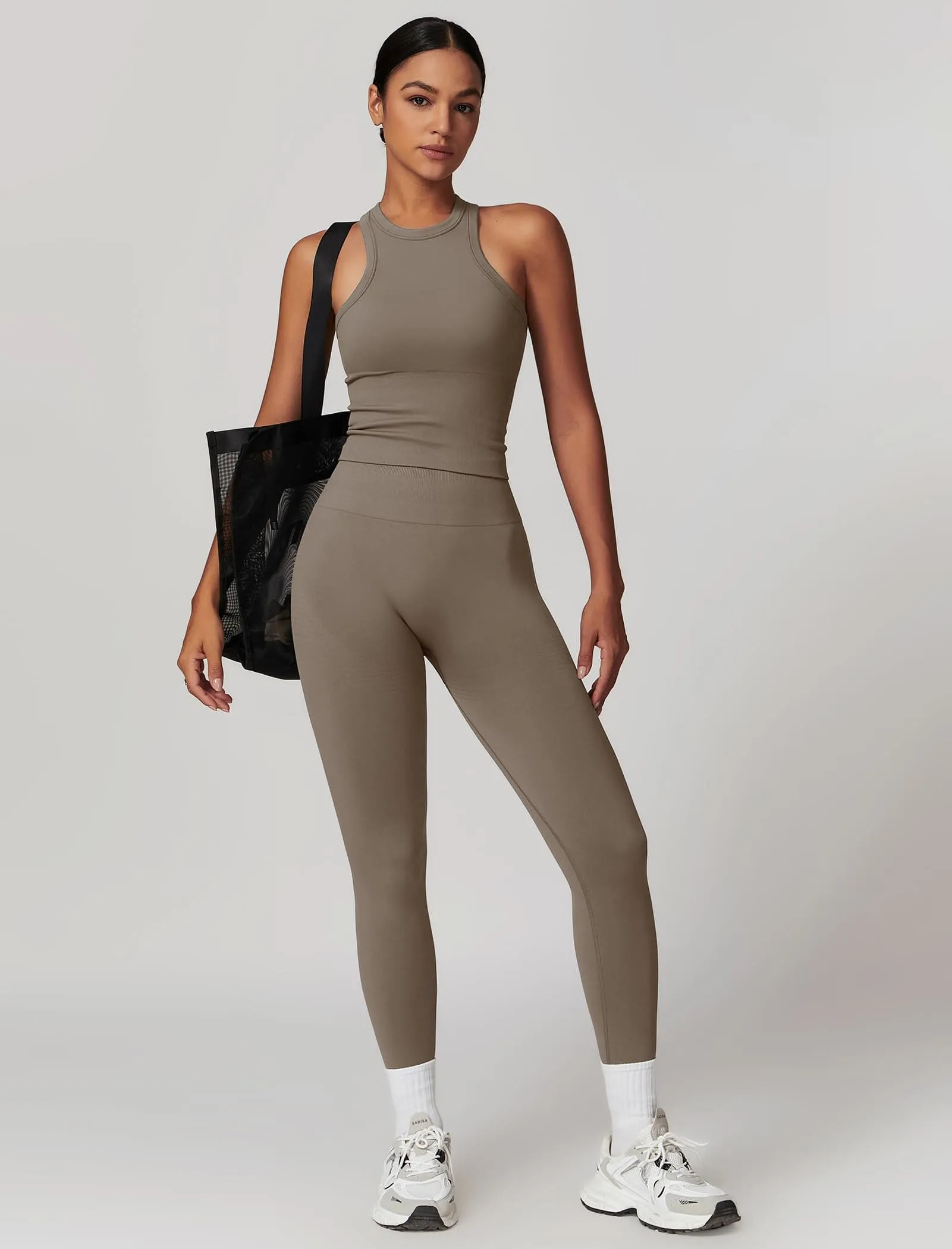 OMEWEE Gym clothes for woman set Racer-back Tank Top and Tummy Control Leggings Yoga sets for women 2 piece Coffee
