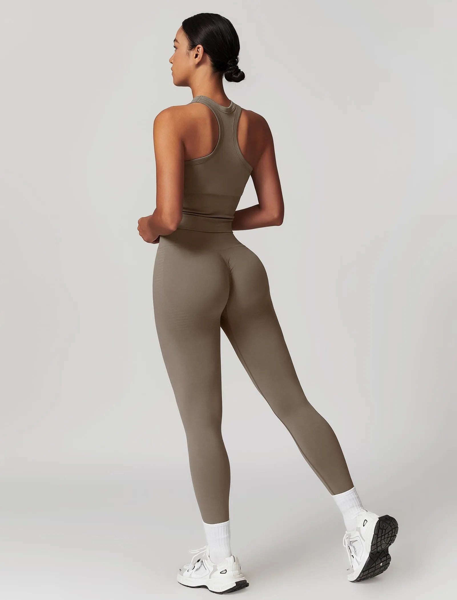 OMEWEE Gym clothes for woman set Racer-back Tank Top and Tummy Control Leggings Yoga sets for women 2 piece Coffee