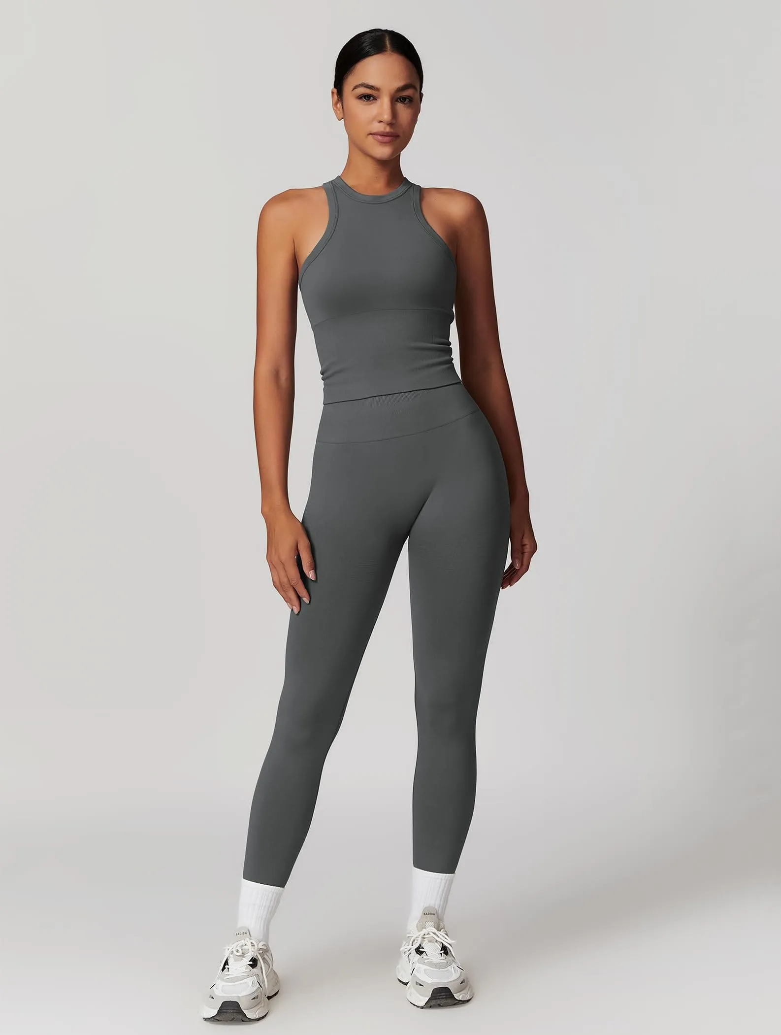 OMEWEE Gym clothes for woman set Racer-back Tank Top and Tummy Control Leggings Yoga sets for women 2 piece Grey