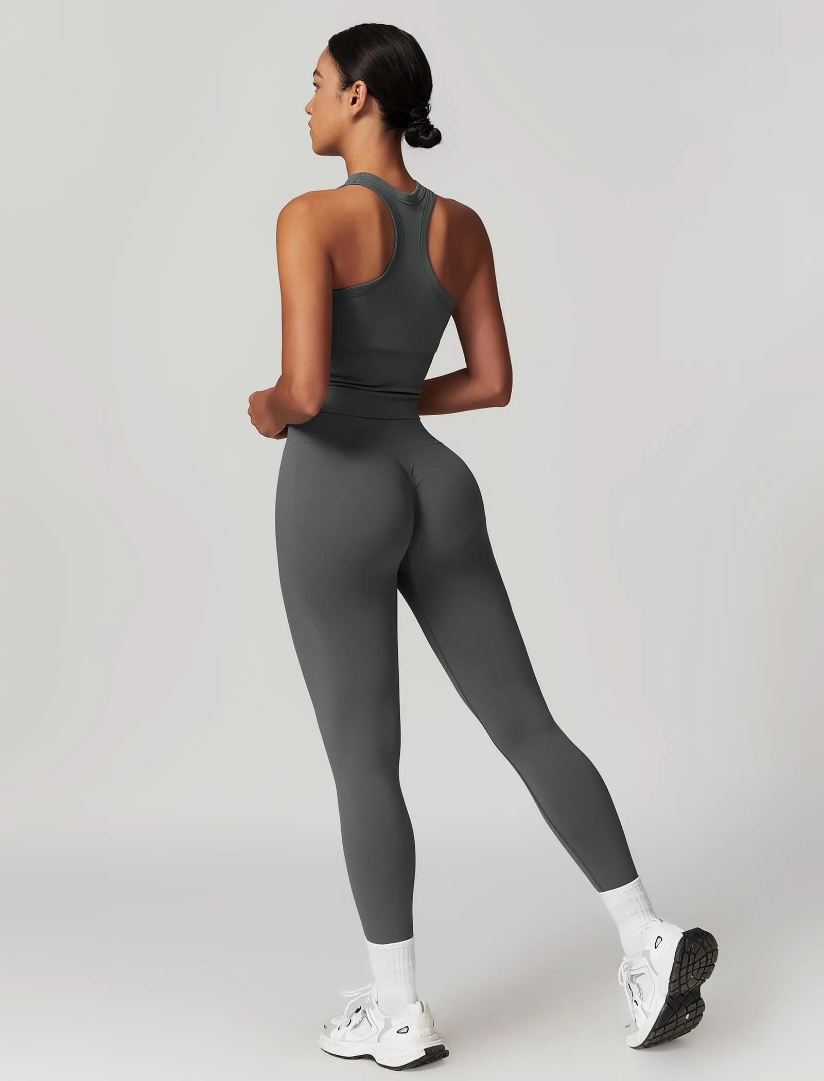 OMEWEE Gym clothes for woman set Racer-back Tank Top and Tummy Control Leggings Yoga sets for women 2 piece Grey