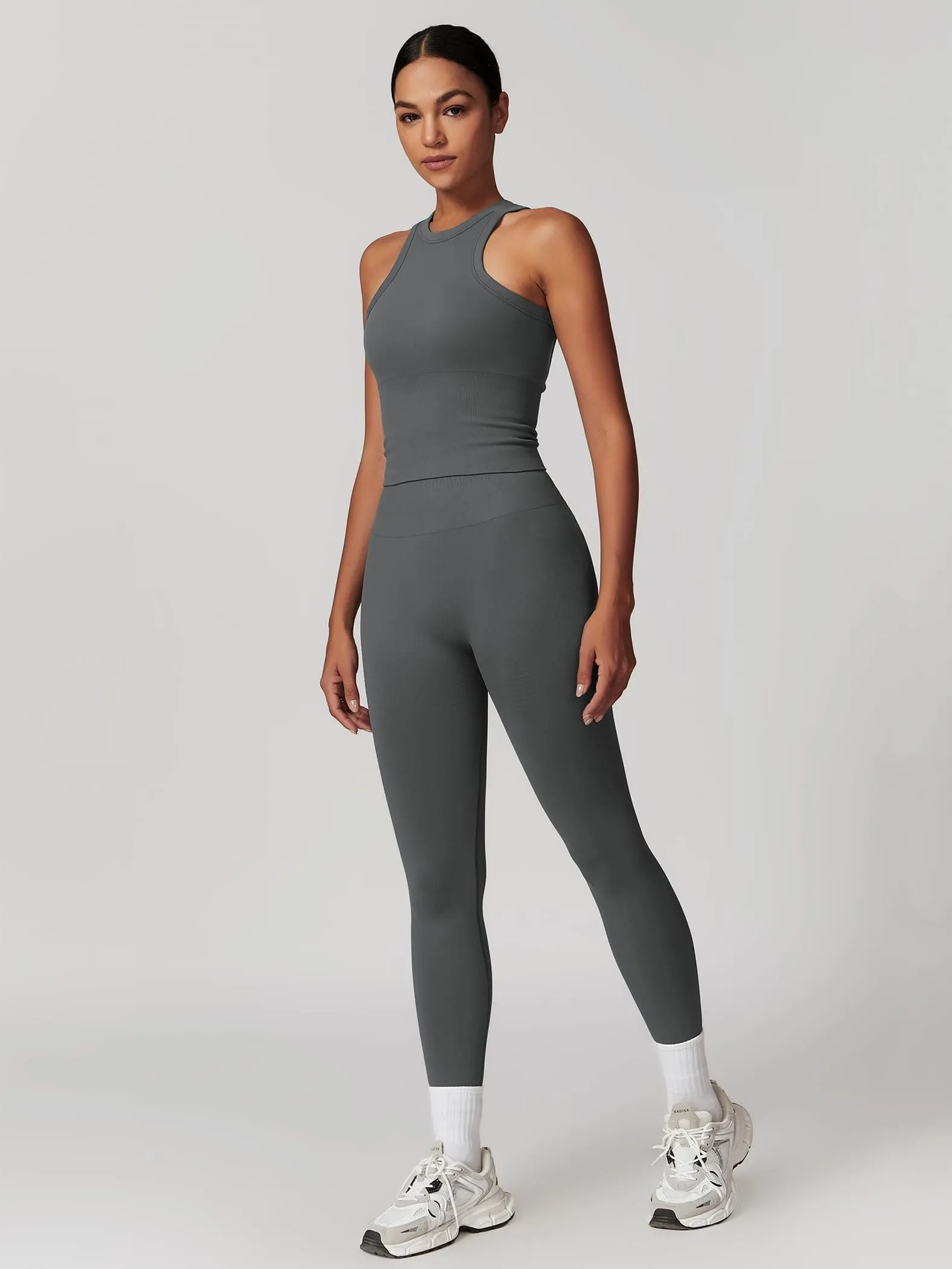 OMEWEE Gym clothes for woman set Racer-back Tank Top and Tummy Control Leggings Yoga sets for women 2 piece Grey