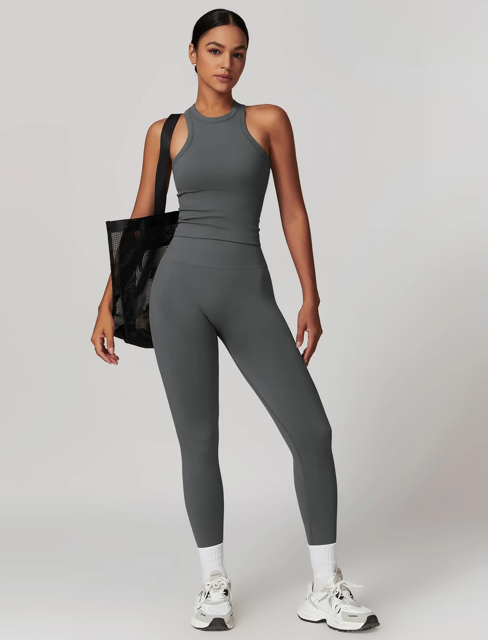 OMEWEE Gym clothes for woman set Racer-back Tank Top and Tummy Control Leggings Yoga sets for women 2 piece Grey