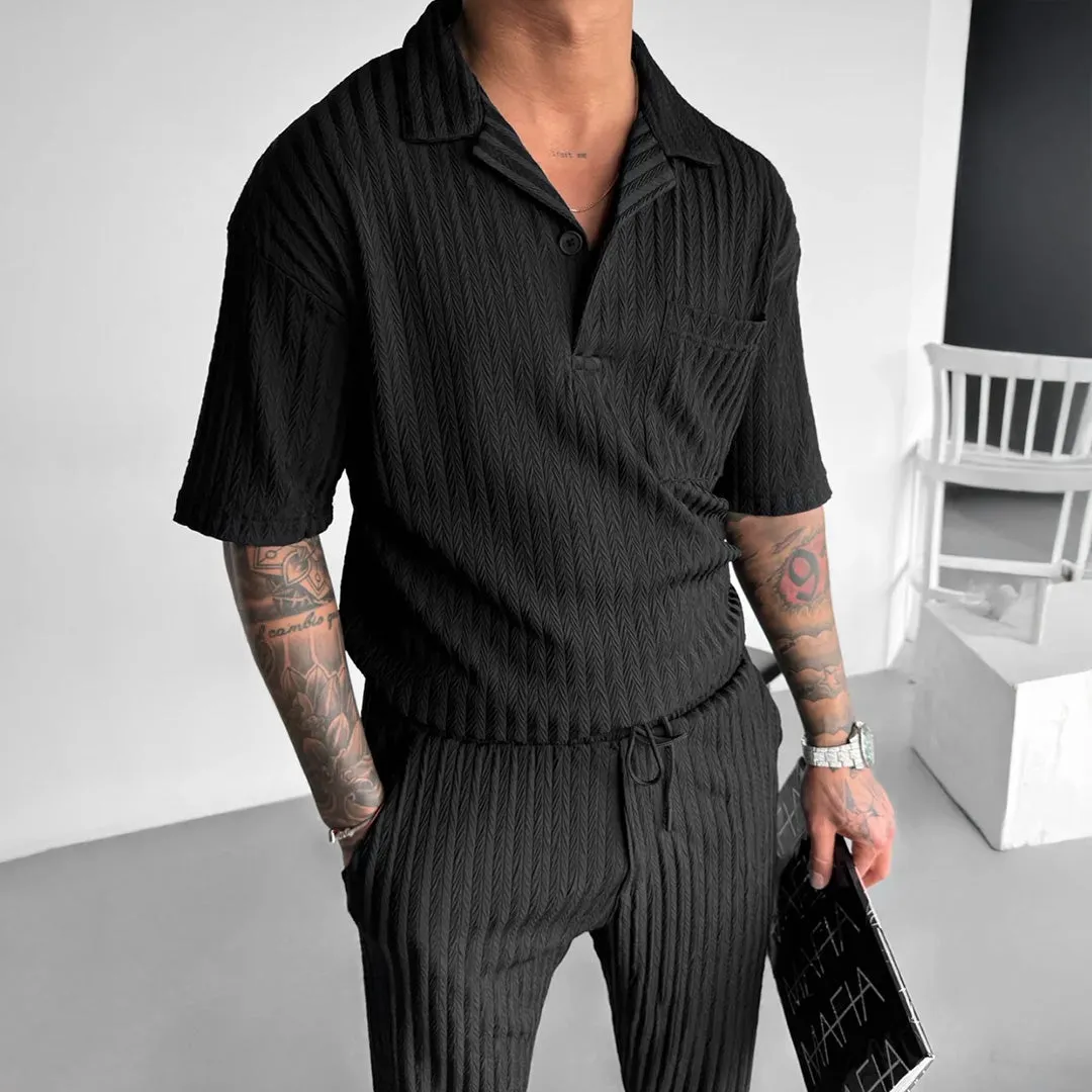 OVERSIZE STRUCTURED POLO SHIRT & TROUSER SET - BLACK