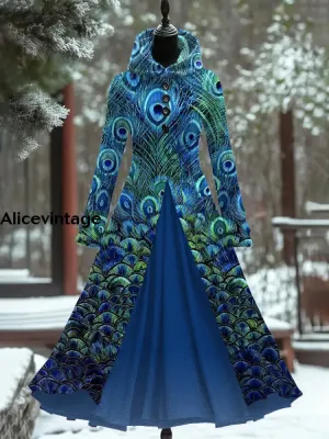 Peacock Feather Art Print Vintage Long Sleeve Maxi Dress Hooded Dress