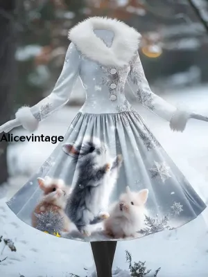 Rabbits Art Print Vintage Elegant Fur Collar Long Sleeve Midi Dress