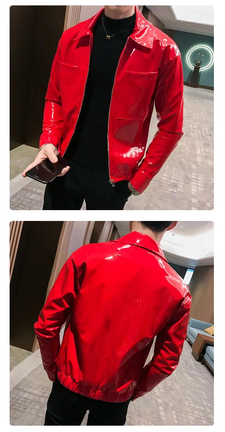 Rebel with the Cool Black Shiny Reflective Patent Pu Leather Biker Jacket Men Belt With Zipper