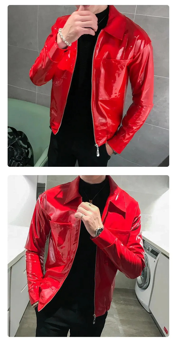 Rebel with the Cool Black Shiny Reflective Patent Pu Leather Biker Jacket Men Belt With Zipper