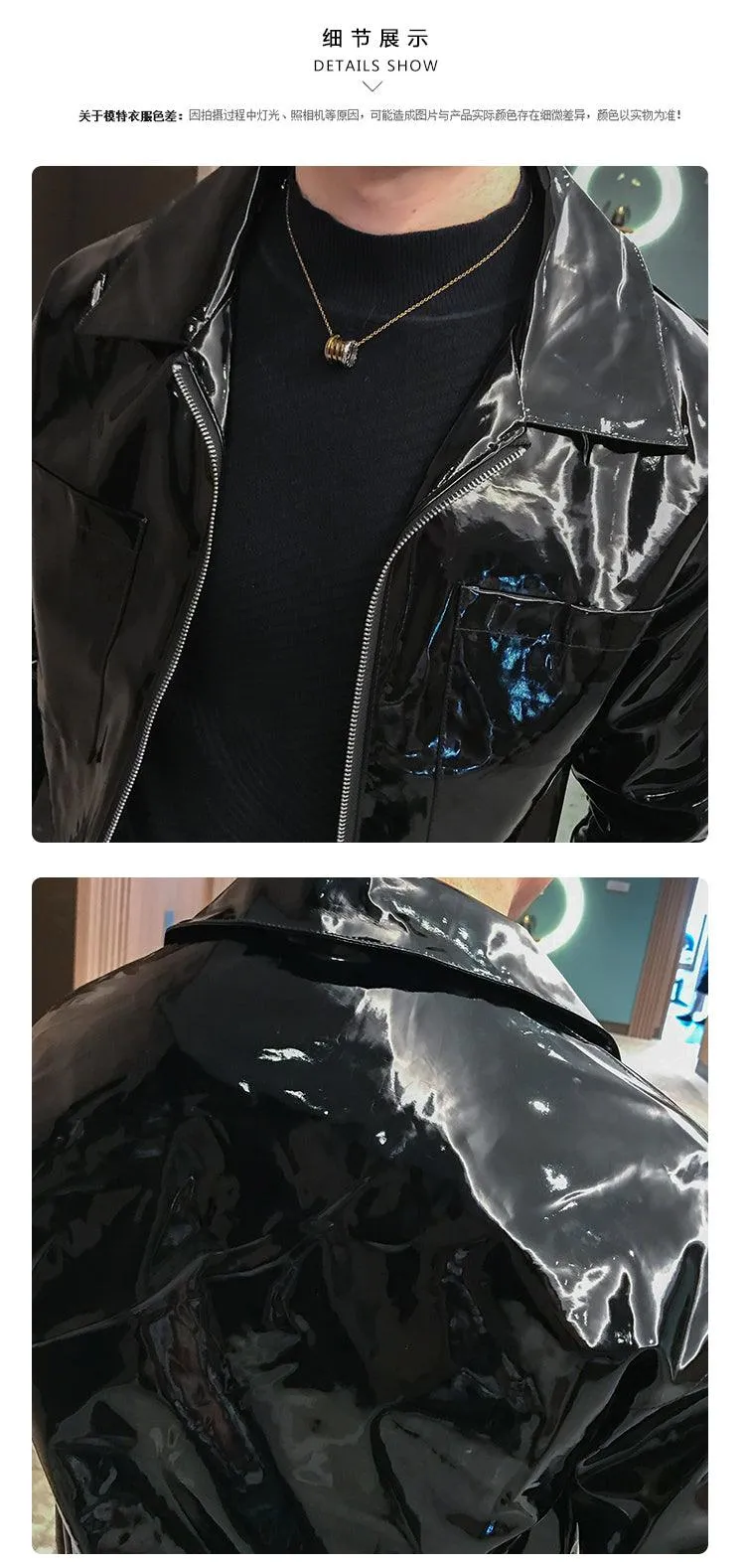Rebel with the Cool Black Shiny Reflective Patent Pu Leather Biker Jacket Men Belt With Zipper