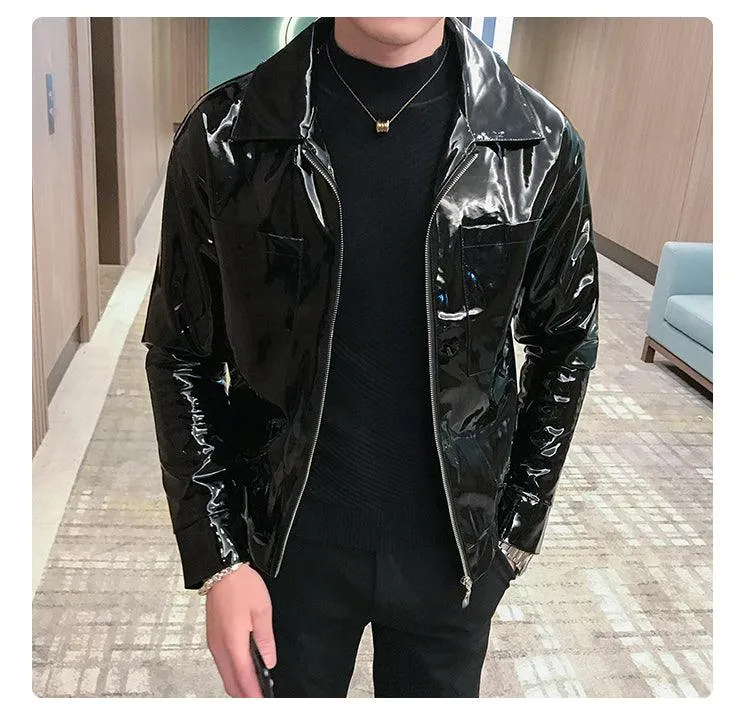 Rebel with the Cool Black Shiny Reflective Patent Pu Leather Biker Jacket Men Belt With Zipper