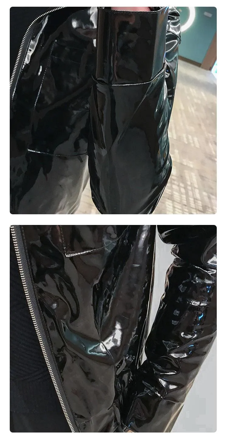 Rebel with the Cool Black Shiny Reflective Patent Pu Leather Biker Jacket Men Belt With Zipper