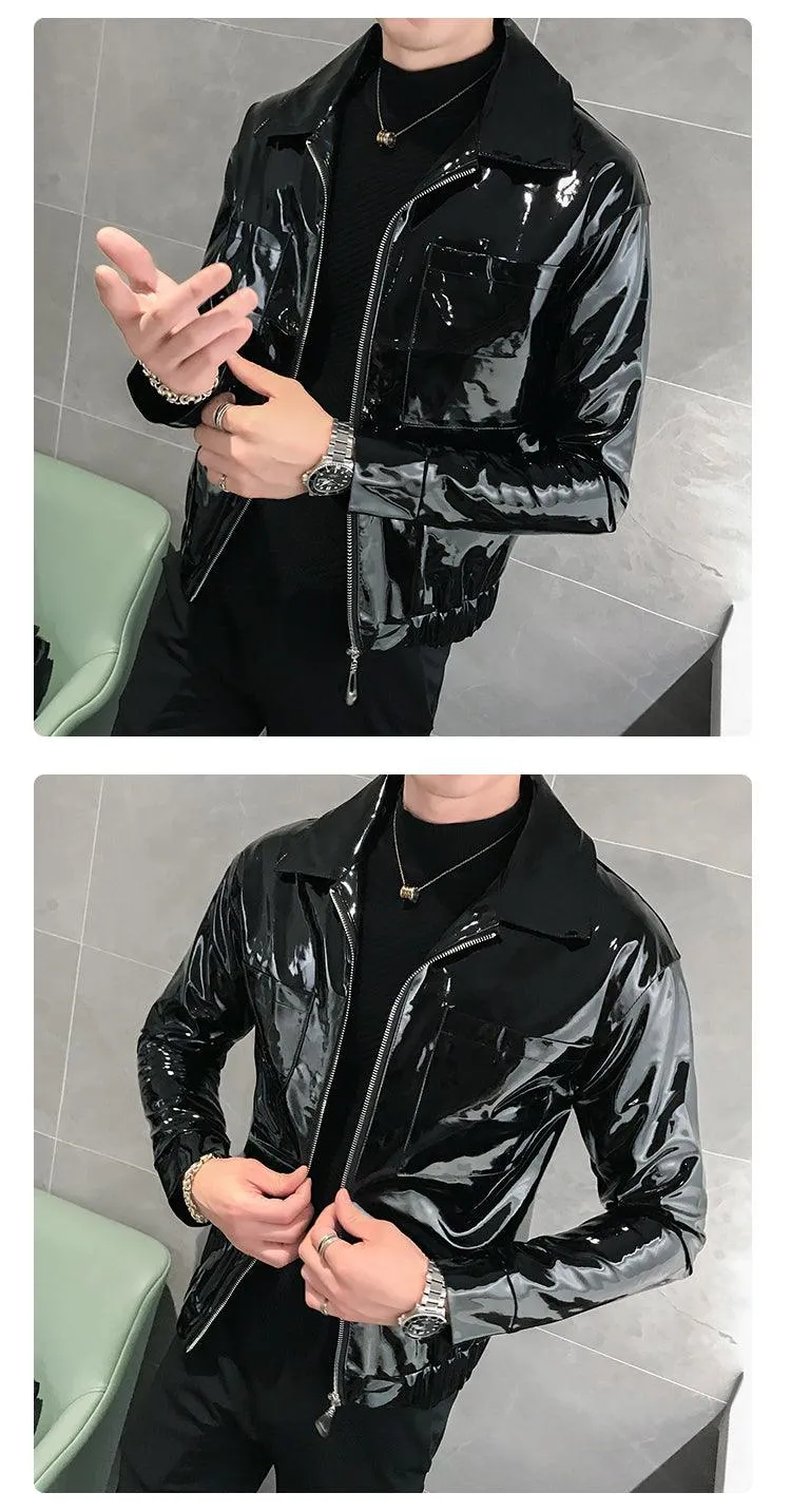Rebel with the Cool Black Shiny Reflective Patent Pu Leather Biker Jacket Men Belt With Zipper