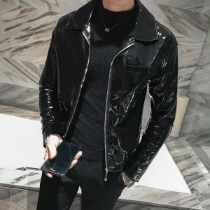 Rebel with the Cool Black Shiny Reflective Patent Pu Leather Biker Jacket Men Belt With Zipper