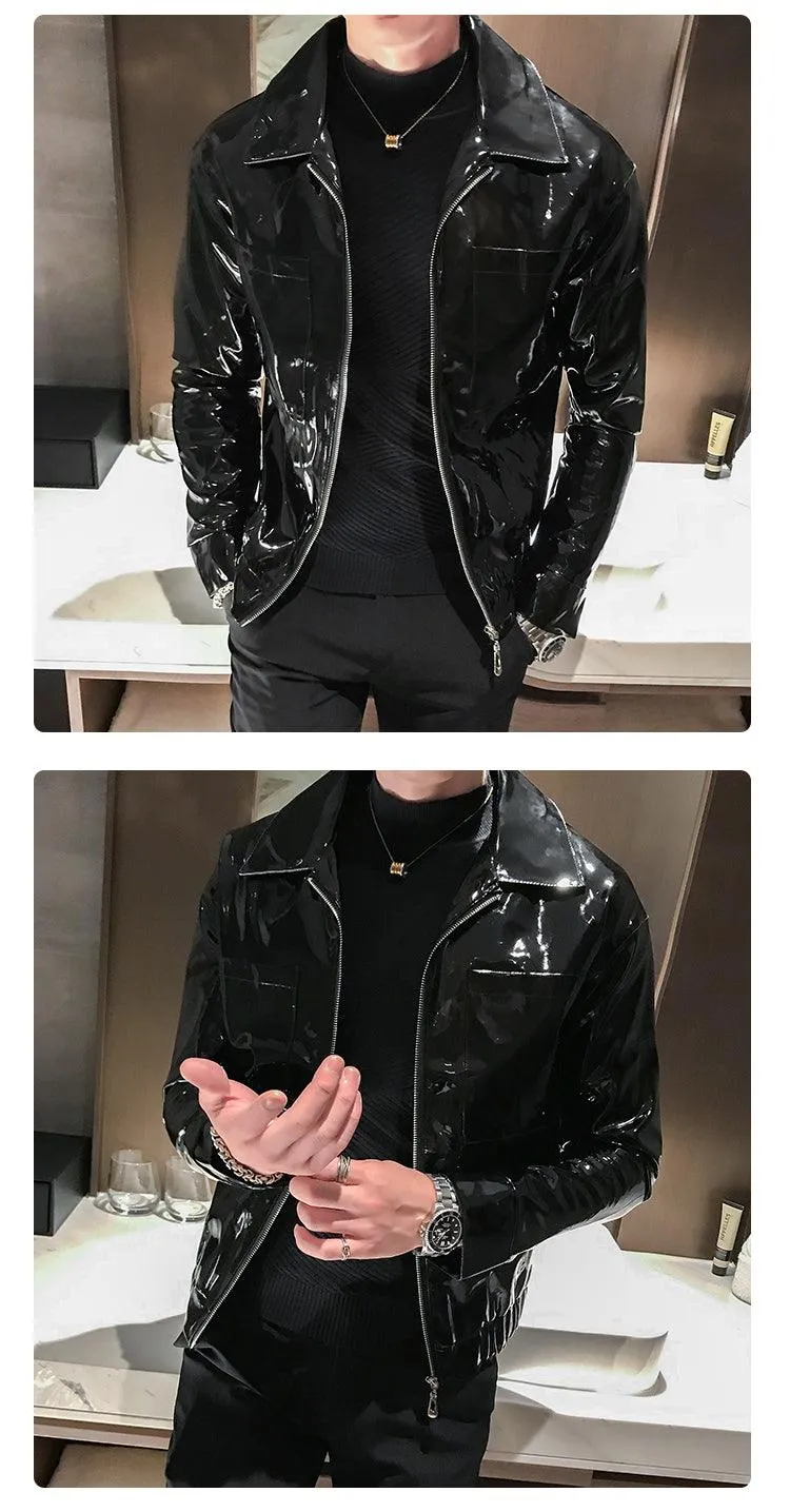 Rebel with the Cool Black Shiny Reflective Patent Pu Leather Biker Jacket Men Belt With Zipper