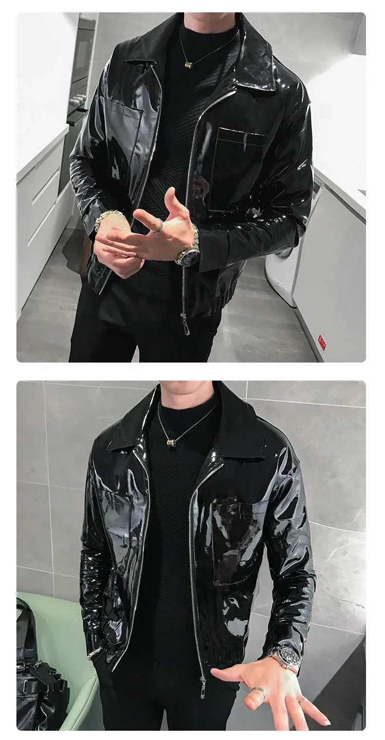 Rebel with the Cool Black Shiny Reflective Patent Pu Leather Biker Jacket Men Belt With Zipper