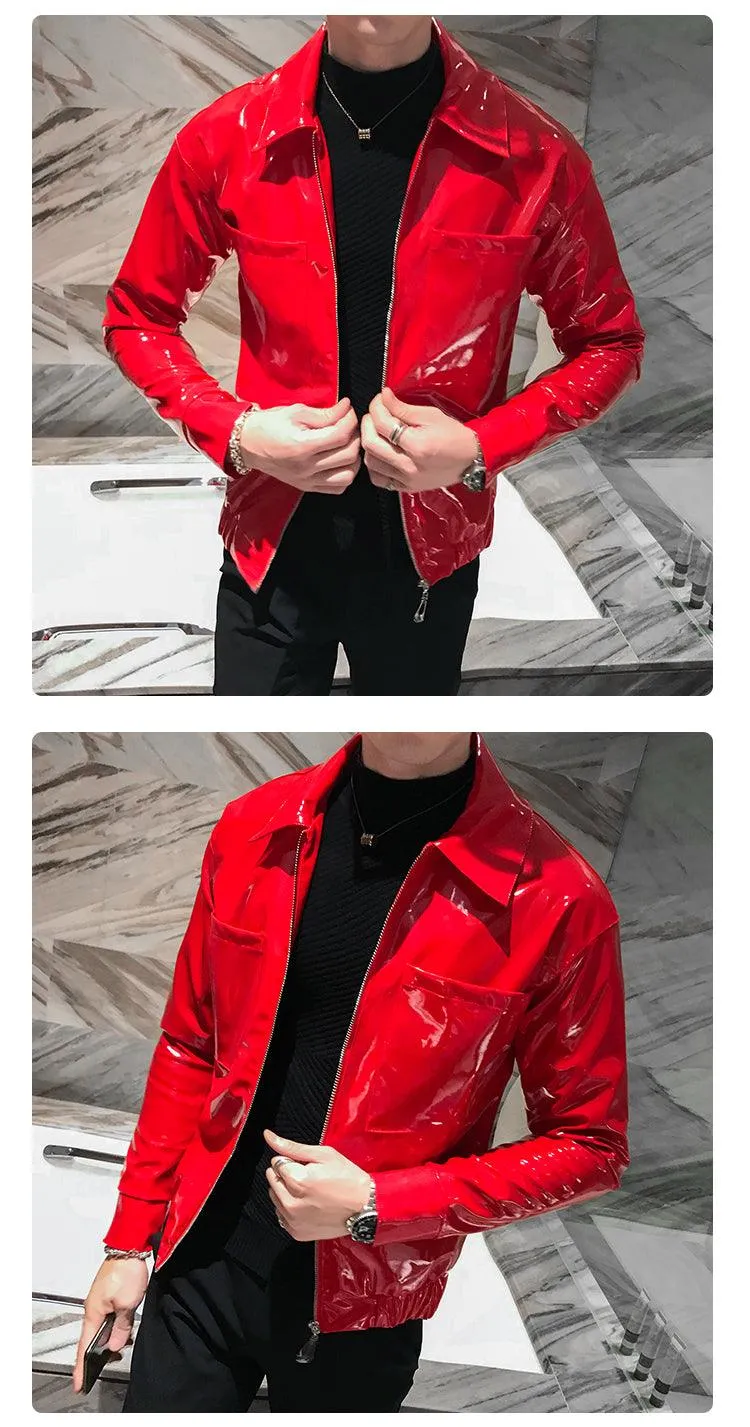 Rebel with the Cool Black Shiny Reflective Patent Pu Leather Biker Jacket Men Belt With Zipper
