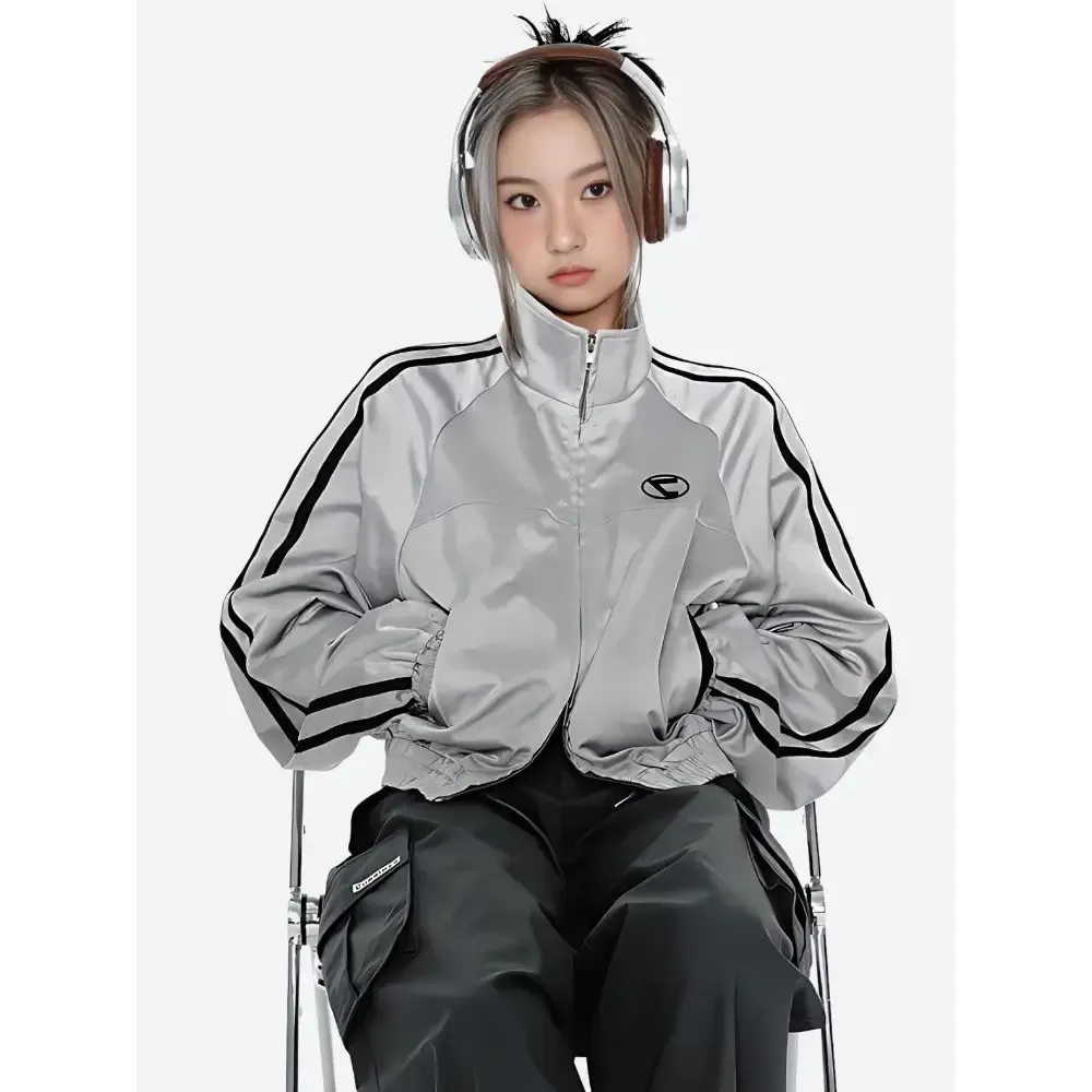 Reflective Y2K Cyberpunk Jacket with Striped Design and Embroidery