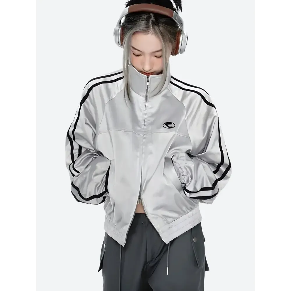 Reflective Y2K Cyberpunk Jacket with Striped Design and Embroidery