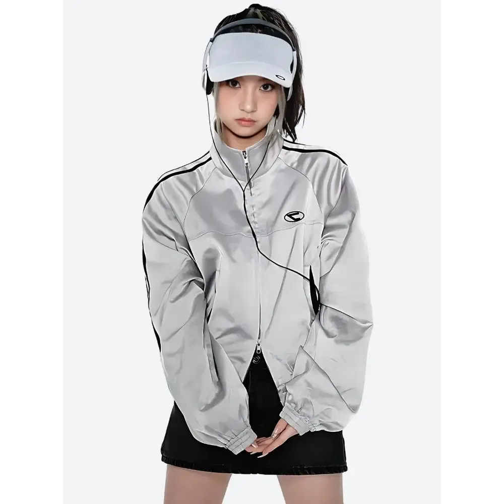 Reflective Y2K Cyberpunk Jacket with Striped Design and Embroidery