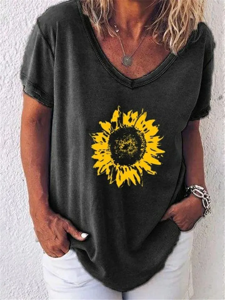 Relaxed Fit Scoop Neck Sunflower Short Sleeve T-Shirt