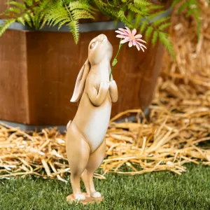 Resin Brown Rabbit With Pink Flower Statue, 15"H