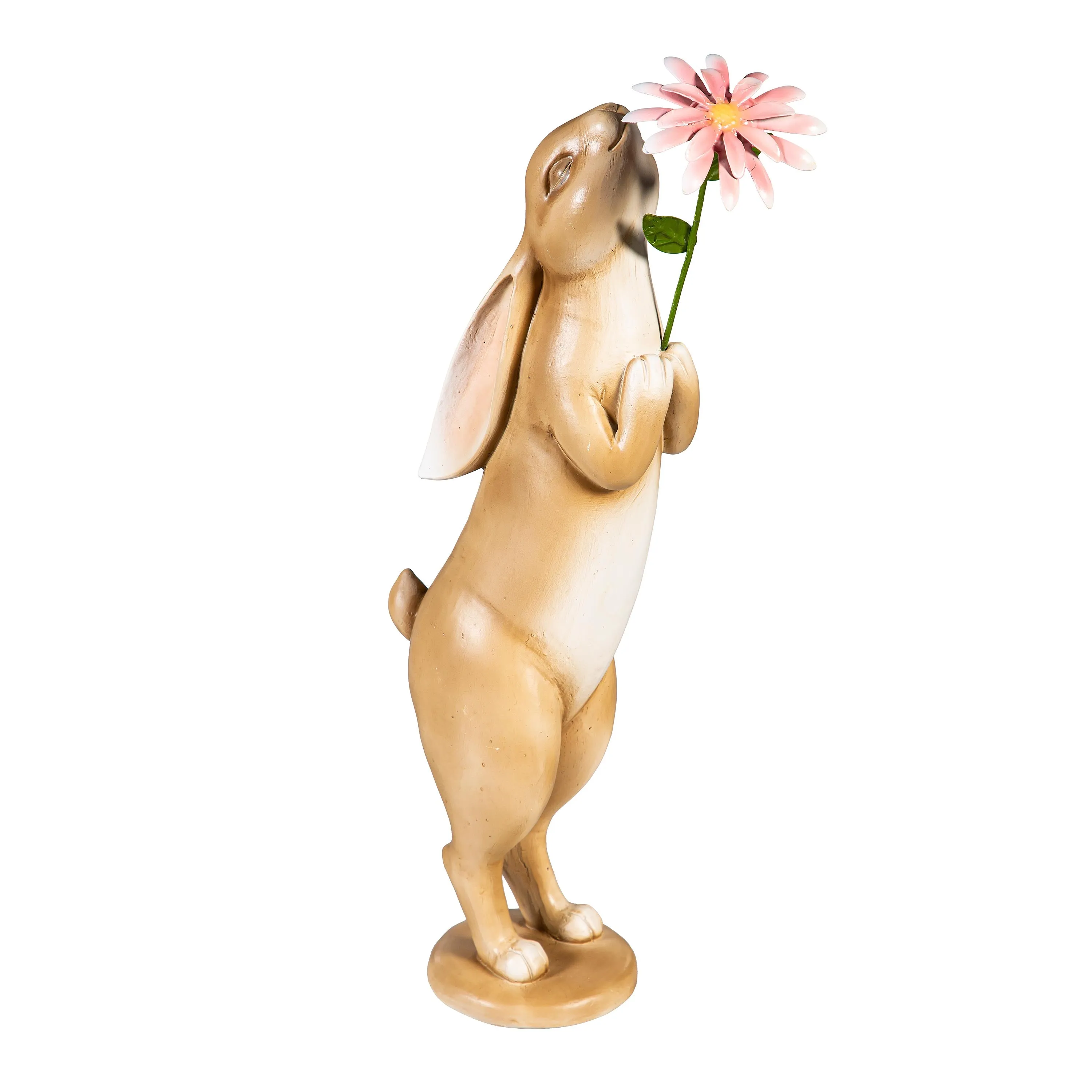 Resin Brown Rabbit With Pink Flower Statue, 15"H