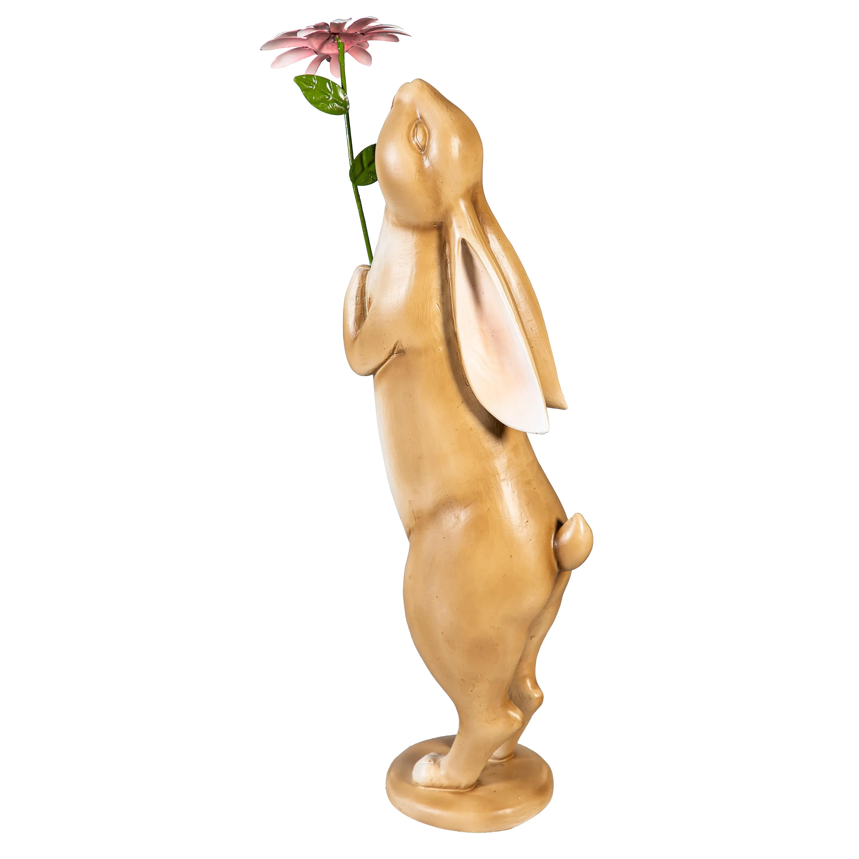 Resin Brown Rabbit With Pink Flower Statue, 15"H