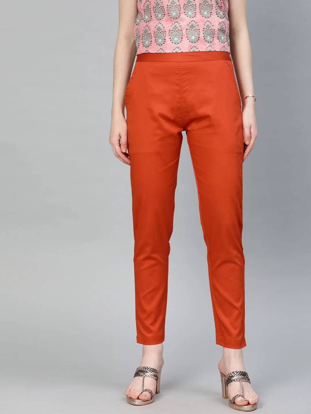 Rust Orange Solid Cotton Lycra Pants