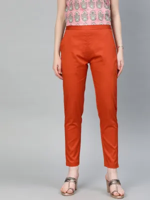 Rust Orange Solid Cotton Lycra Pants
