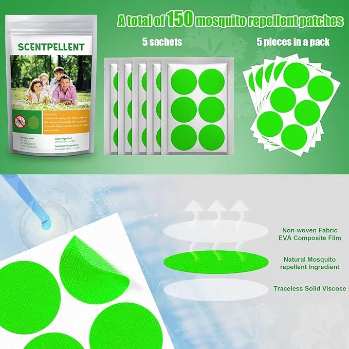 Scentpellent 150 Pack Mosquito Stickers for Kids and Adults, Deet Free Natural Citronella Mosquito Patches for Indoor Outdoor Traveling Camping Hiking