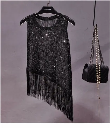 Sequined Fringed Knitted Tank Top