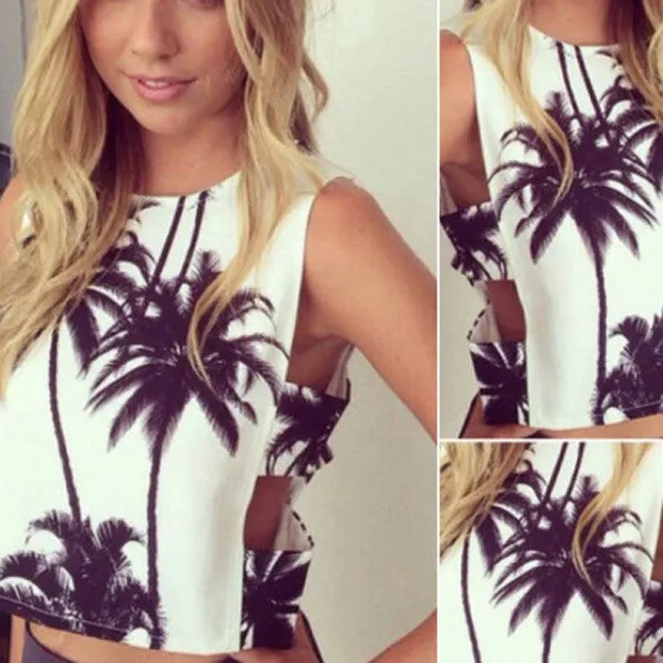 Sexy Women's Tops T-Shirt Nice Coconut tree Print Crop Top Sleeveless Crop Beach Club NW