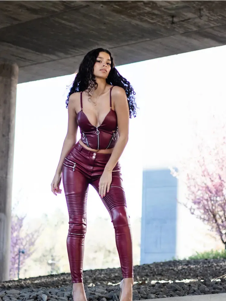 Shascullfites Melody Winter Two Piece Set Women Burgundy Pu Leather Zipper