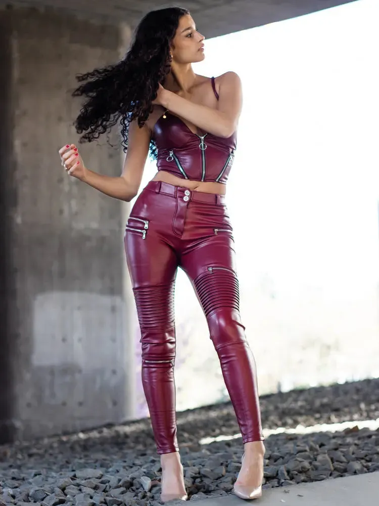 Shascullfites Melody Winter Two Piece Set Women Burgundy Pu Leather Zipper
