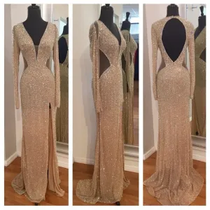 Sheer Sexy Sequins Long Sleeves Prom Dresses