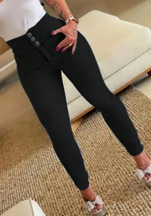 Sleek High-Rise Button Zipper Stretch-Fit Black Denim Skinny Pants