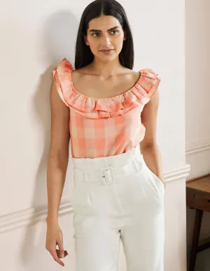 Sleeveless Ruffle Linen Top-Tonal Pinks Gingham