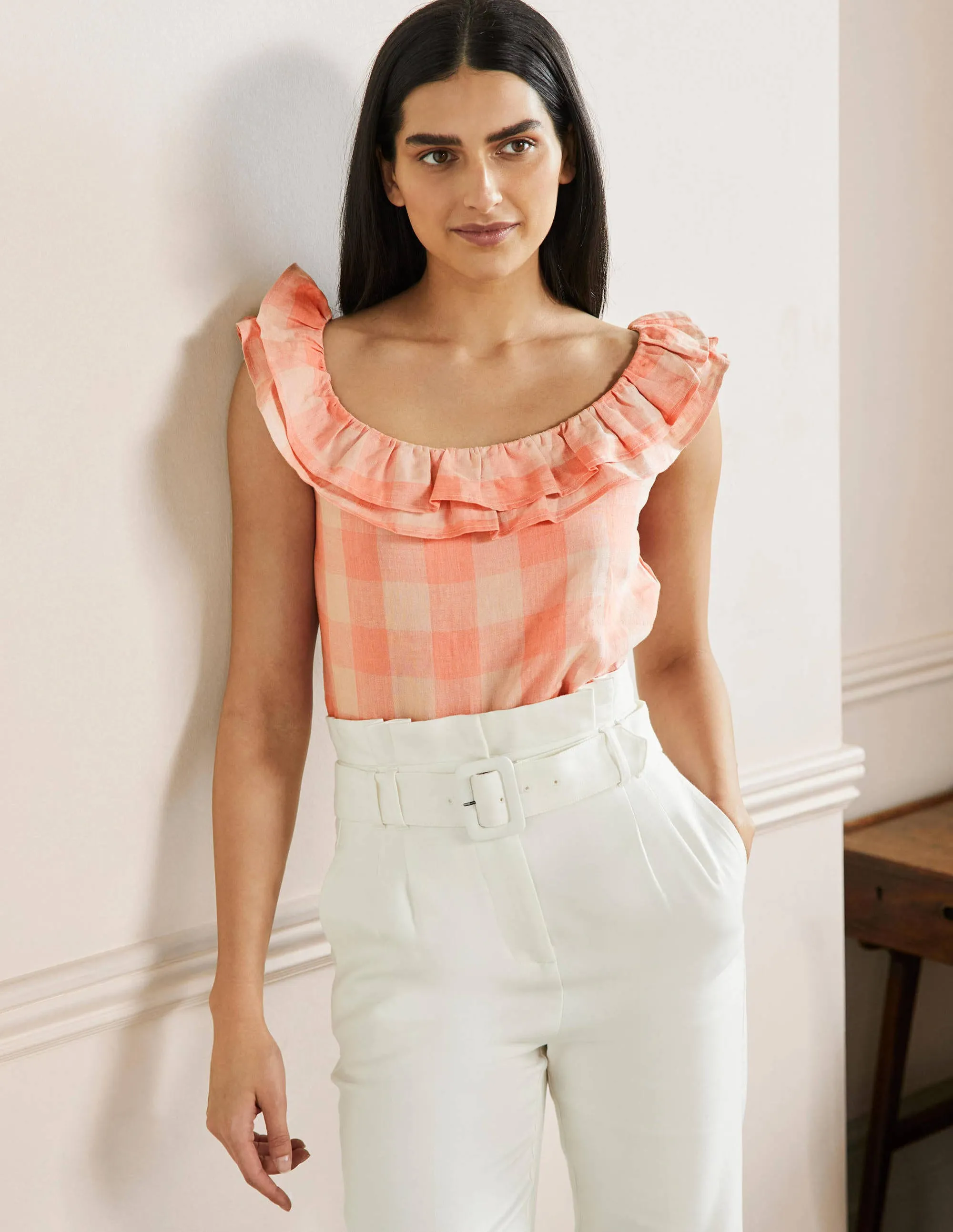 Sleeveless Ruffle Linen Top-Tonal Pinks Gingham