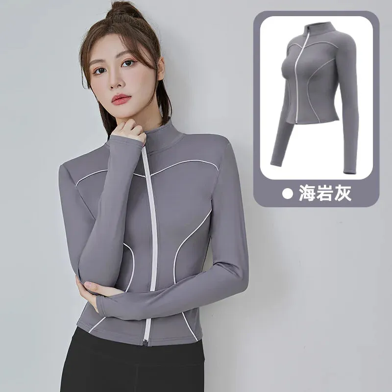 Slim Yoga Reflective Long Sleeved Women Sport Jacket Zipper Gym Fitness Coat Yoga Tops With Thumb Holes Running Cycling Jacket
